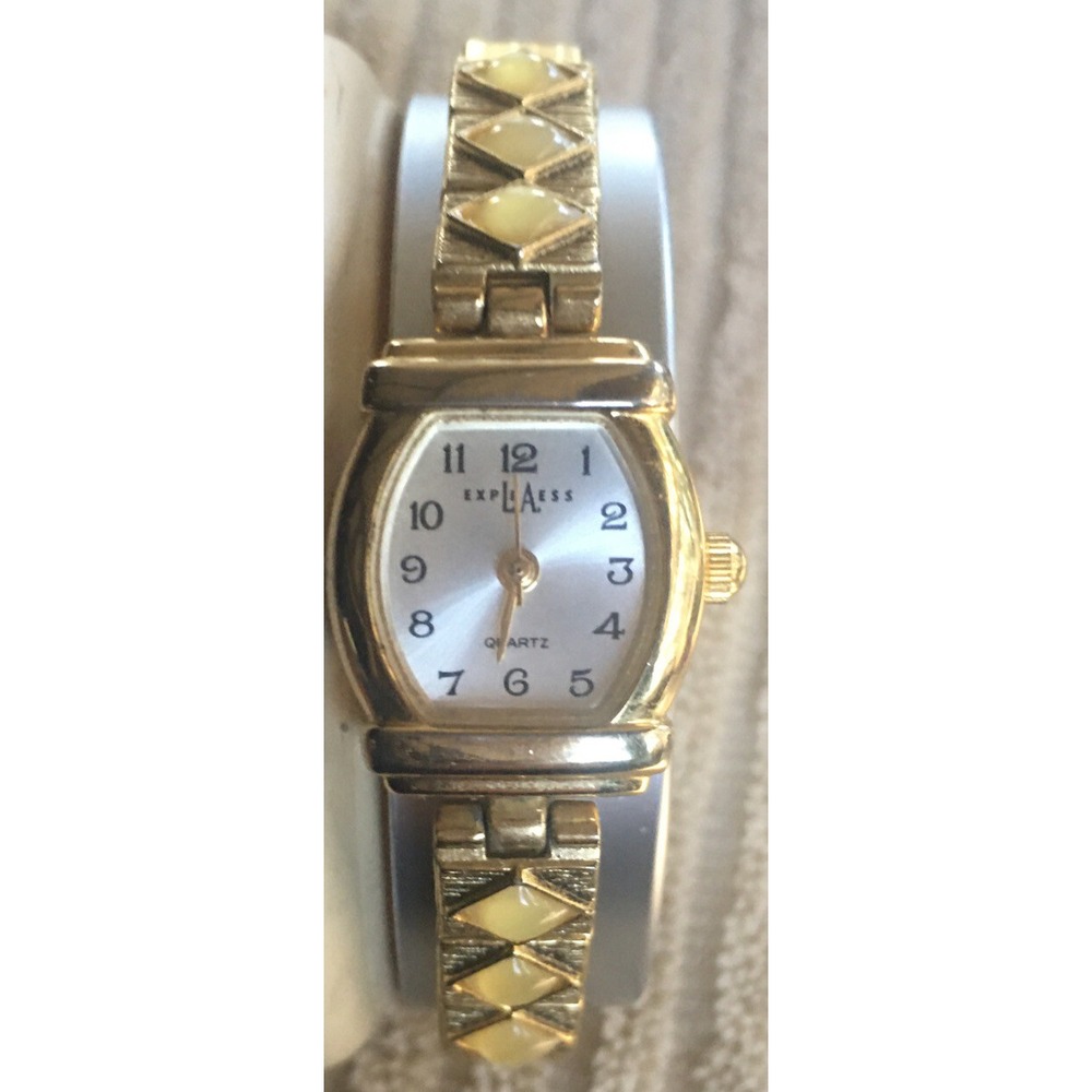 Vintage LA EXPRESS Quartz WATCH Yellow Art Deco Stones Stretch Band Retro WORKS